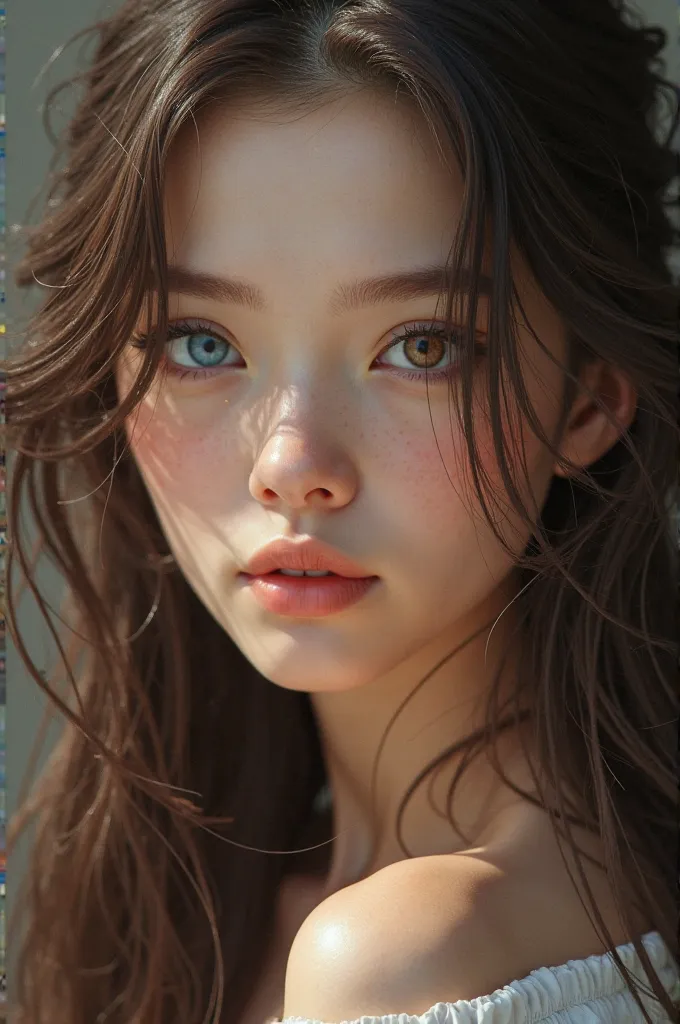 Beautiful 20-year-old girl with one eye blue and the other brown, long brown hair 