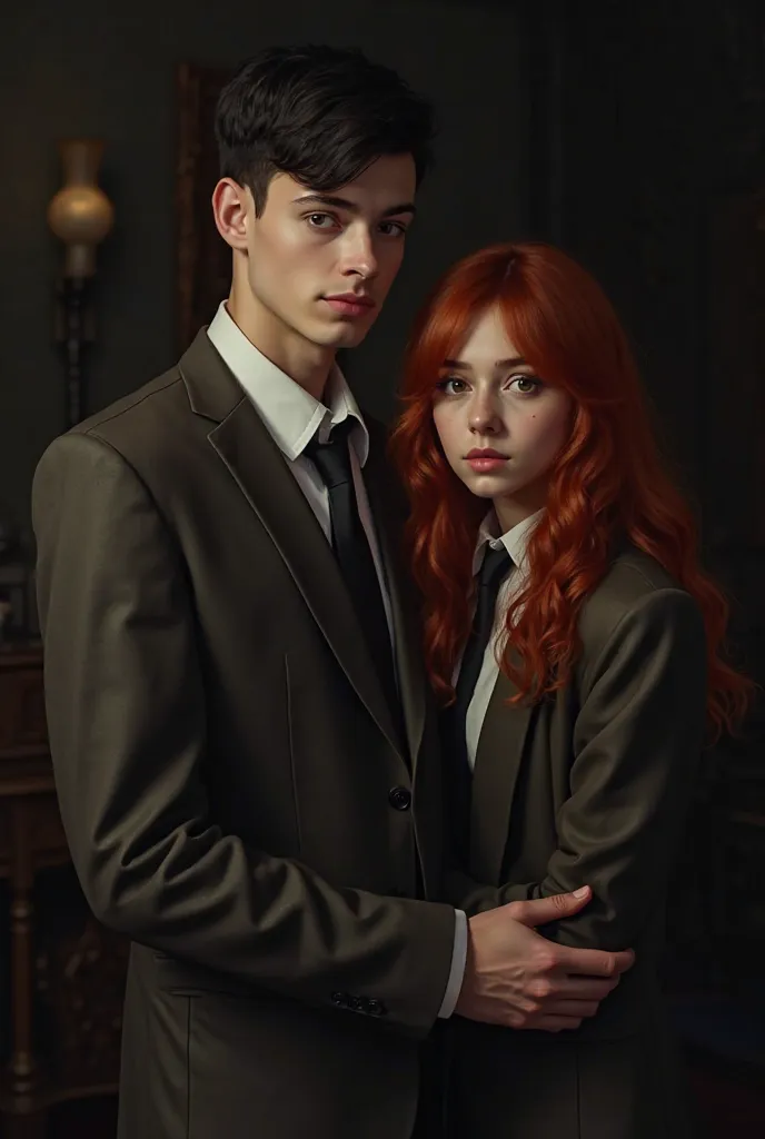 A young man dressed in a jacket and tie,  he is 19 years old, very short black hair, your skin is white, his slightly slanted dark brown eyes,  he has no beard or mustache, he is hugging an 18-year-old girl, their long red hair,  her light green eyes , and...