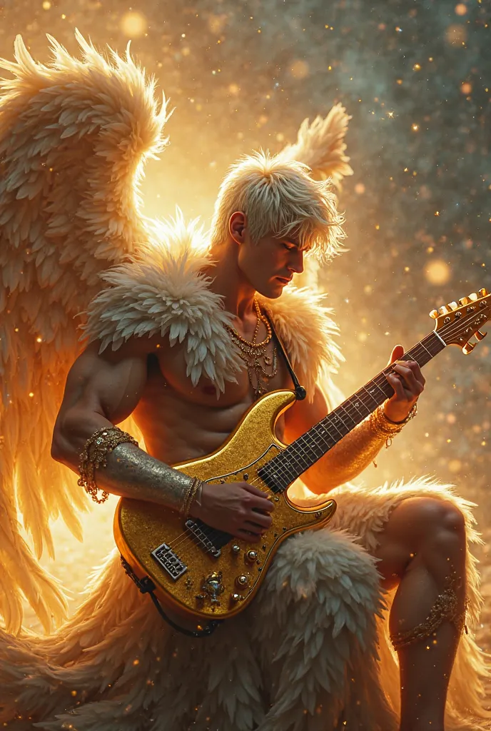 Close-up of an enhanced masterpiece :1.5) big wings, huge wings, wings full of feathers, Full Body Photography Full Body Photography , Sitting playing a gold guitar,A very handsome man (Space and angel:1 . 2)Muscular body, Golden Fire Armor( Short Silver H...