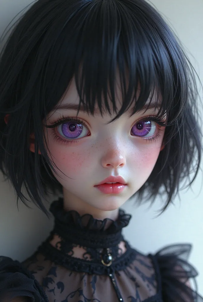 A black-haired character with short lilac-colored eyes, plump and rosy lips. 