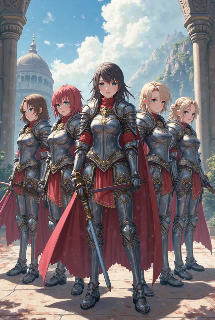 5 anime-style girls dressed as medieval knights