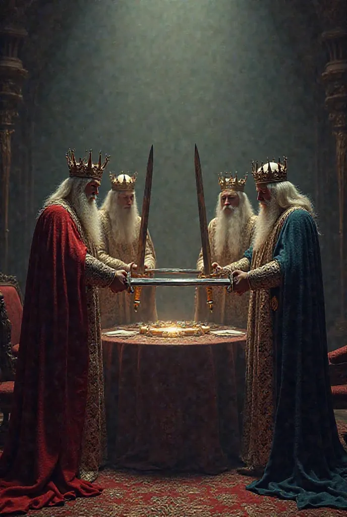 Four kings who each point at a table in a darkened room with their own sword. There are four kings who join forces