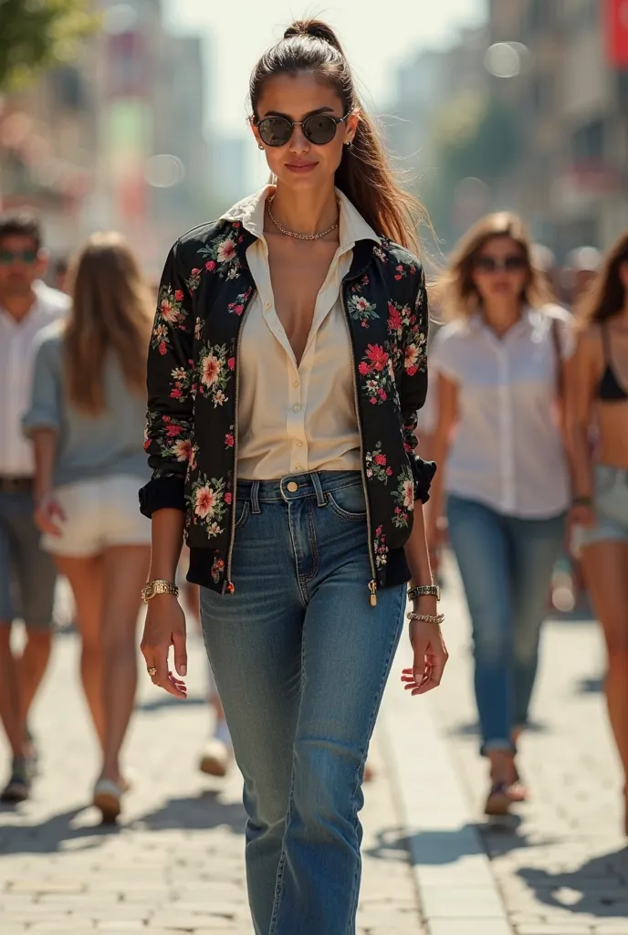 Beautiful white skin lebanese woman, 5'7" tall, ponytail medium brown hair, deep green hazel eyes, wearing black zipped up nylon floral bomber jacket, rolled up sleeves, V neck beige pullover under jacket, collared up collar white formal button down blouse...