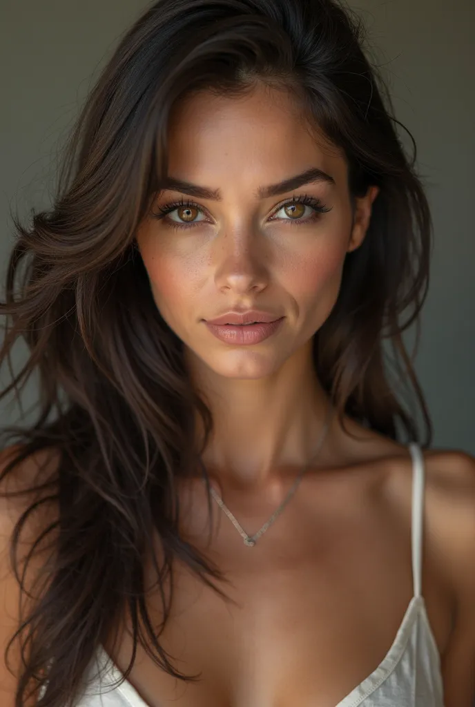 créer une femme tres belles brune, avec des formes et un beau corps, des cheveux plutot longs et lisses, des yeux marrons et un visage naturel,  visage de face levres pulpeuses 