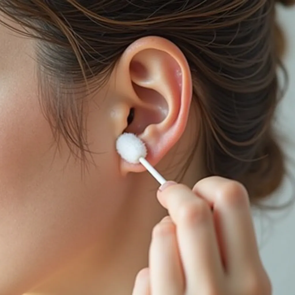 "A person cleaning their ears with a cotton swab, with an expression of relief and pleasure. The close-up focuses on the ear and the hand holding the cotton swab.  The background is soft and blurry , highlighting the act of hygiene. Natural lighting and re...