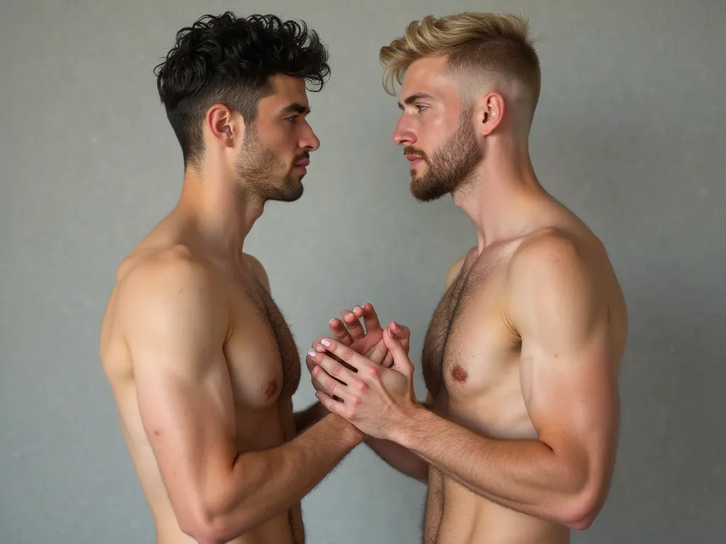 two shirtless, clean-shaven young men standing sideways facing each other and holding arm extended out with hand touching heart on each other.  One is blonde, the other has black hair.  Their fingernails are not colored.  both men are skinny and not muscul...