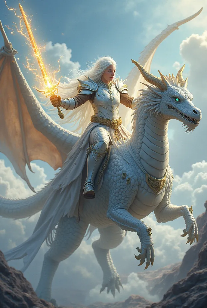 A white-armored knight with draconic features, with a sword in his hands with a golden aura, Calvating a silver dragon with blue eyes