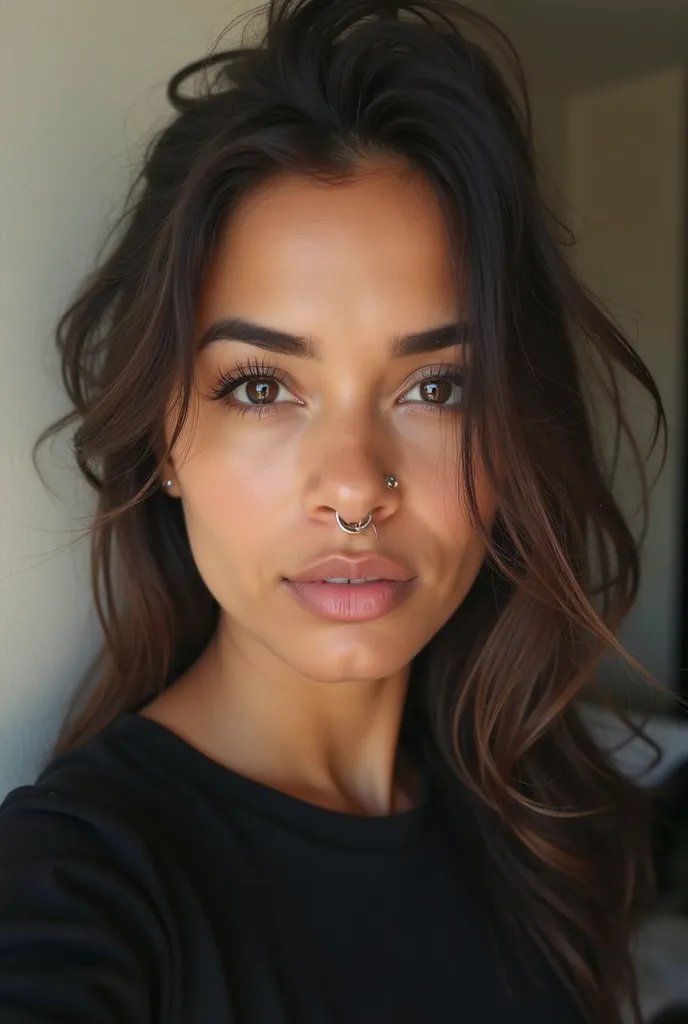 there is a woman with a nose ring and a black shirt, septum piercing, very very low quality picture, nose piercing, perfectly lit face, 18 years old, piercing stare, she has a cute face, 1 , gorgeous latina face, sexy face, thick lips, ayahausca, headshot ...