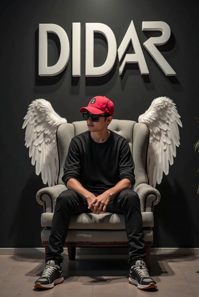 
🔰 Command Prompt : Create a 3D illusion for a Instagram profile picture where a 22 year's old boy in a black shirt sits casually on a Wingback Chair. Wearing sneakers, a Red cricket cap, and sunglasses, he looks ahead. The background features "DIDAR" in b...