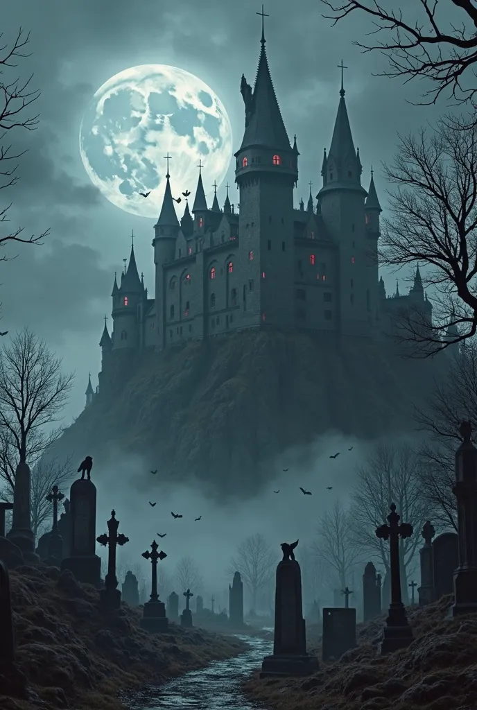 

"A dark and gothic castle,  shrouded in fog , rises on top of a cliff, Like an ancient night guard. Its tall towers face the sky, their silhouettes are cut by sharp spires and shattered teeth. The castle walls are covered with cracks and moss, , which em...