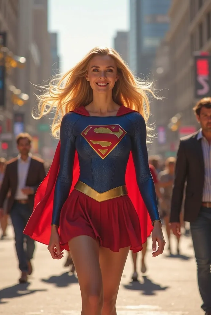 Supergirl on the street smiling a lot