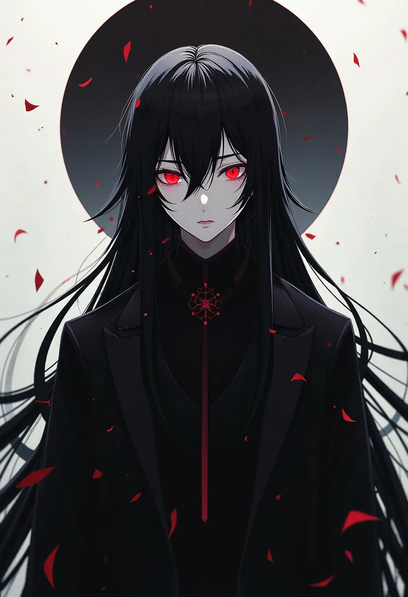  20-year-old guy , black long hair in equal style, double-sided bangs, Red eyes, black halo above your head, Anime style, Japanese-style clothing in black and white but black should prevail in the color palette