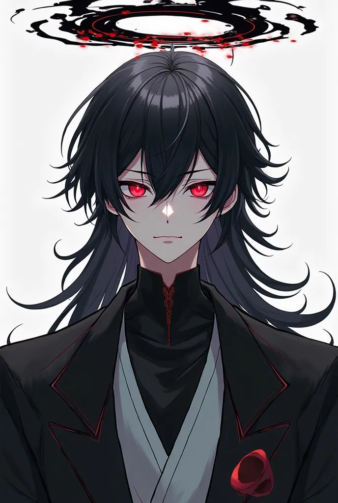 man 20 лет, black long hair in equal style, double-sided bangs, Red eyes, black halo above your head, Anime style, Japanese-style clothing in black and white but black should prevail in the color palette