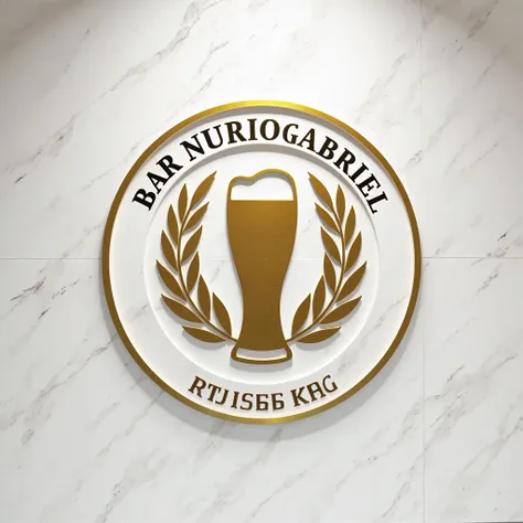 A 3D logo on white granite gloss wall with the name 'BAR NURIO GABRIEL' at the top, featuring a beer glass surrounded by golden branches in a professional style. The design is clean and elegant, with a focus on the beer glass as the central symbol.