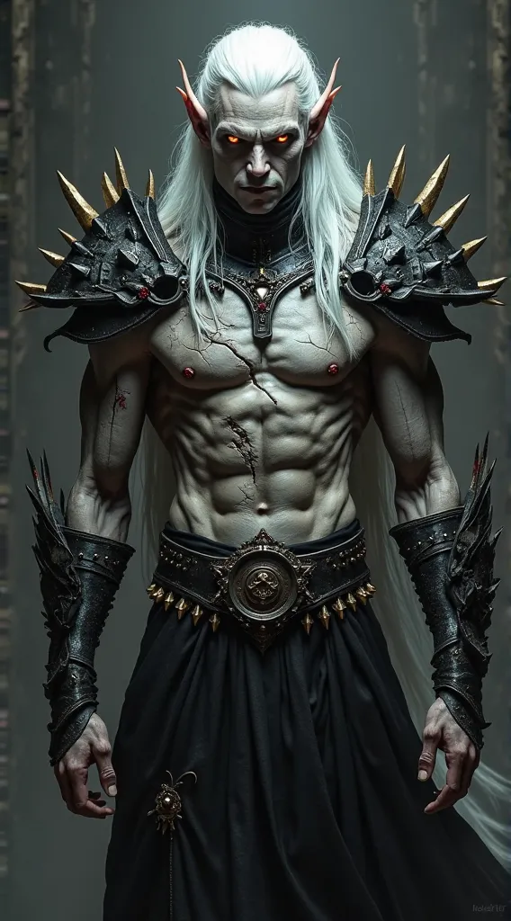 The image depicts a dark and powerful-looking elf with pale skin and wide, intense orange eyes, conveying a mystical and intimidating aura. His long, flowing white hair adds an ethereal touch to his presence. He has pointy ears and a serious, determined ga...