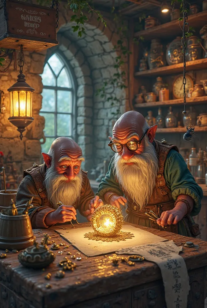 *"Create a whimsical, fantasy workshop scene where a group of bearded dwarves in leather aprons and magnifying goggles are crafting a **tiny, intricate golden ring** embedded with a glowing gemstone. The dwarves use delicate micro-tools like tweezers, tiny...