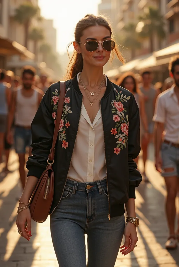 Beautiful white skin very thin skinny sckeletic  lebanese woman, 5'7" tall, ponytail medium brown hair, deep green hazel eyes, wearing black zipped up nylon shinny floral bomber jacket, long sleeves covering her arms and forearms, V neck zip up golden fron...