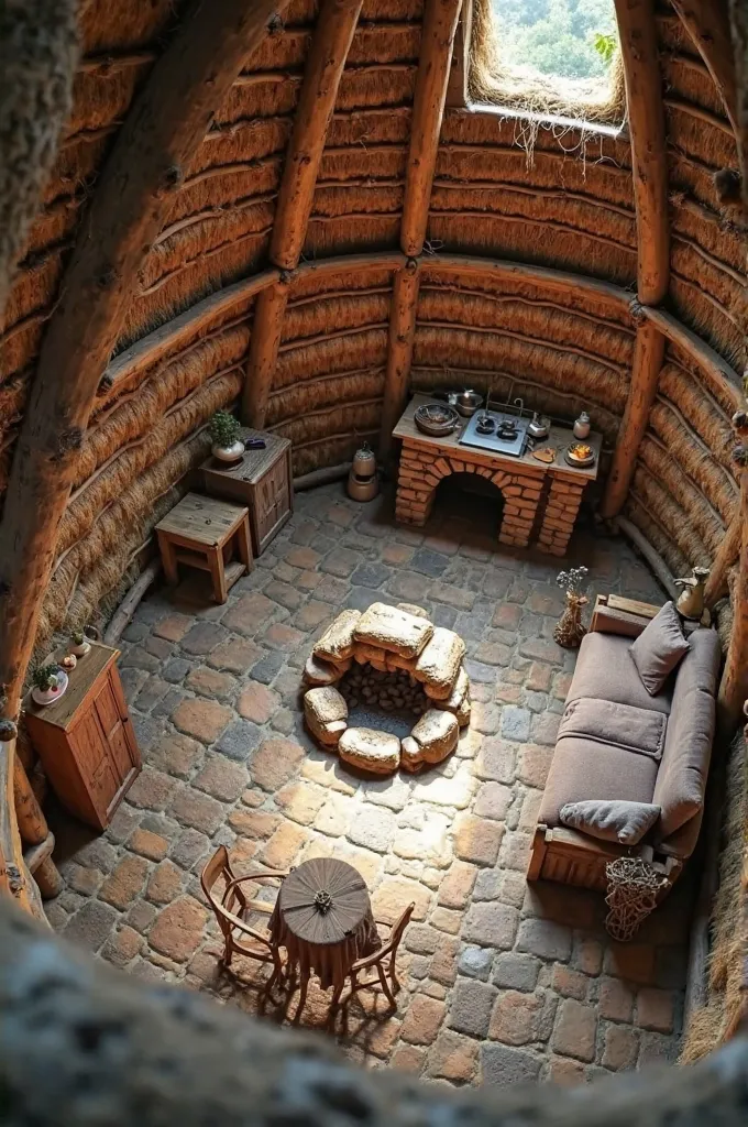 The house is a circular structure of 6 meters, built with sturdy logs and a cone-shaped straw roof. inside, a central area of 28 m² is used for various functions. in the center, there is a stone fireplace, with an opening in the roof so that smoke can come...