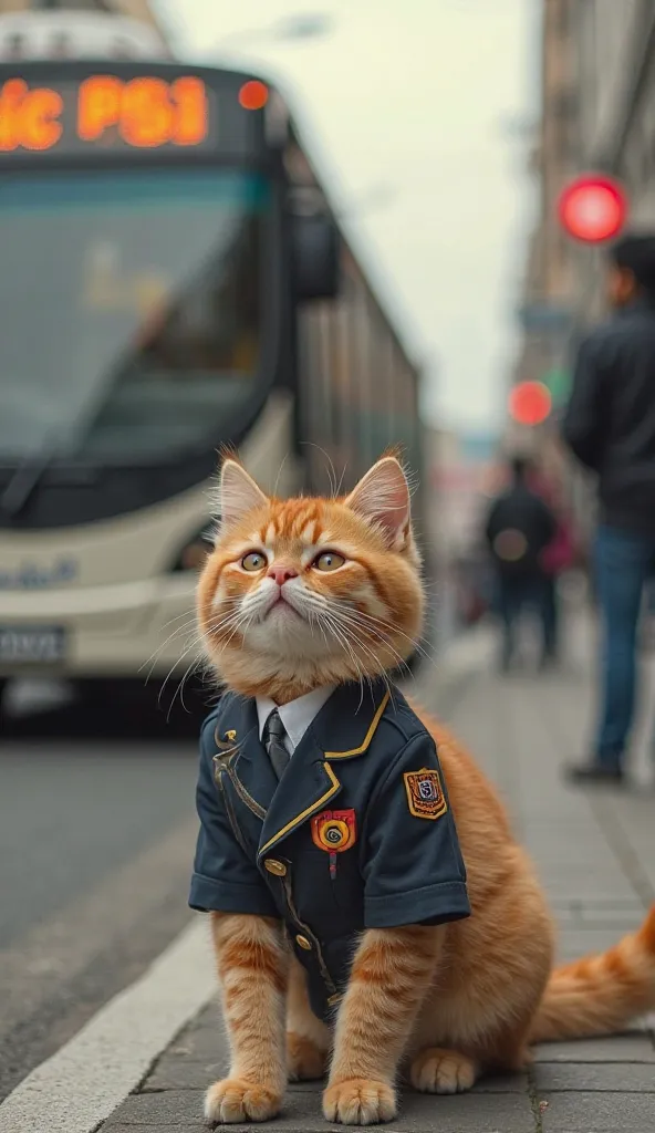 kucing lucu, berdiri, menunggu bus, pinggir jalan, seragam,detailed portrait, adorable cat, cute feline, standing pose, waiting for bus, roadside, uniform, high quality, realistic, detailed, photorealistic, 8K, professional, masterpiece, intricate, vivid c...