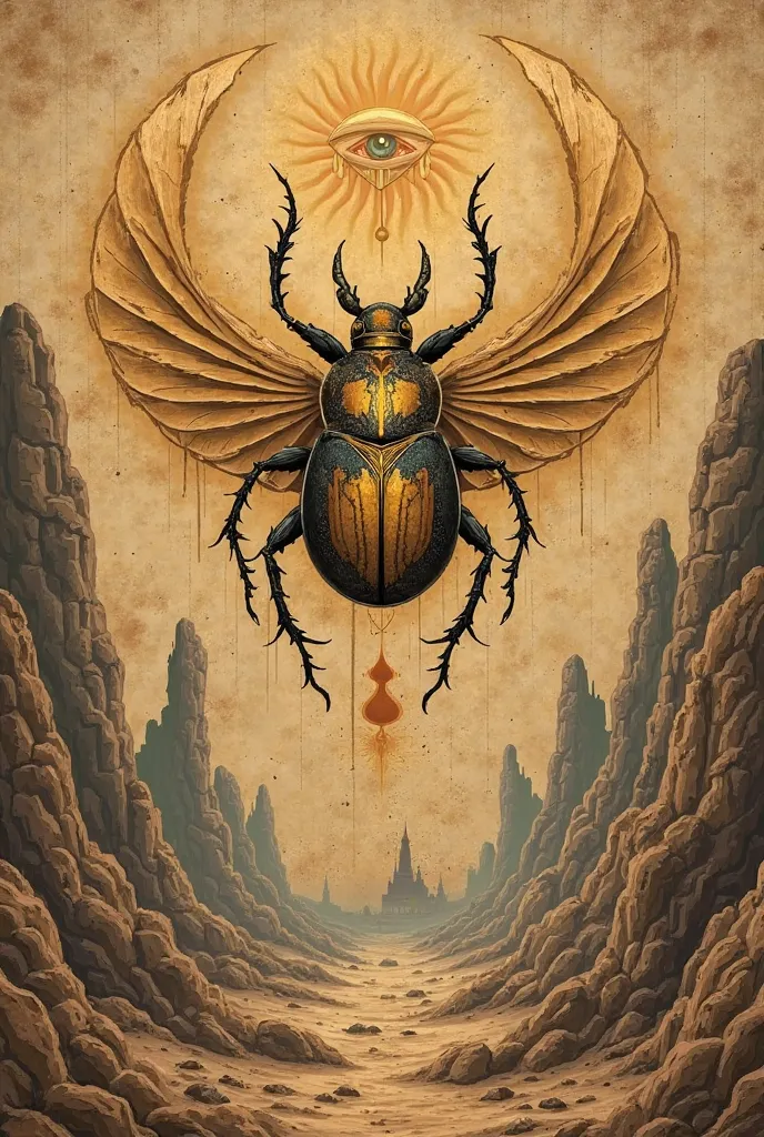 Piece 1: The beetle: spiral-shaped symbols that resemble heat waves, that blows through a rocky valley. the golden creature resides, A piece of rusty metal: "Where the sun sets, A piece of fine fabric."
Piece 2: The previously intimidating desert : At the ...