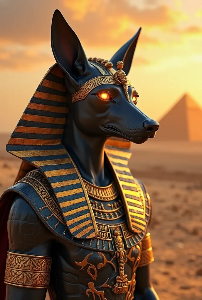 A hyper-realistic 8K image of Anubis, the ancient Egyptian god of the dead, depicted as a majestic pharaoh,His head is that of a sleek black jackal with glowing golden eyes, He wears a gold and blue striped nemes headdress, adorned with a cobra emblem on h...