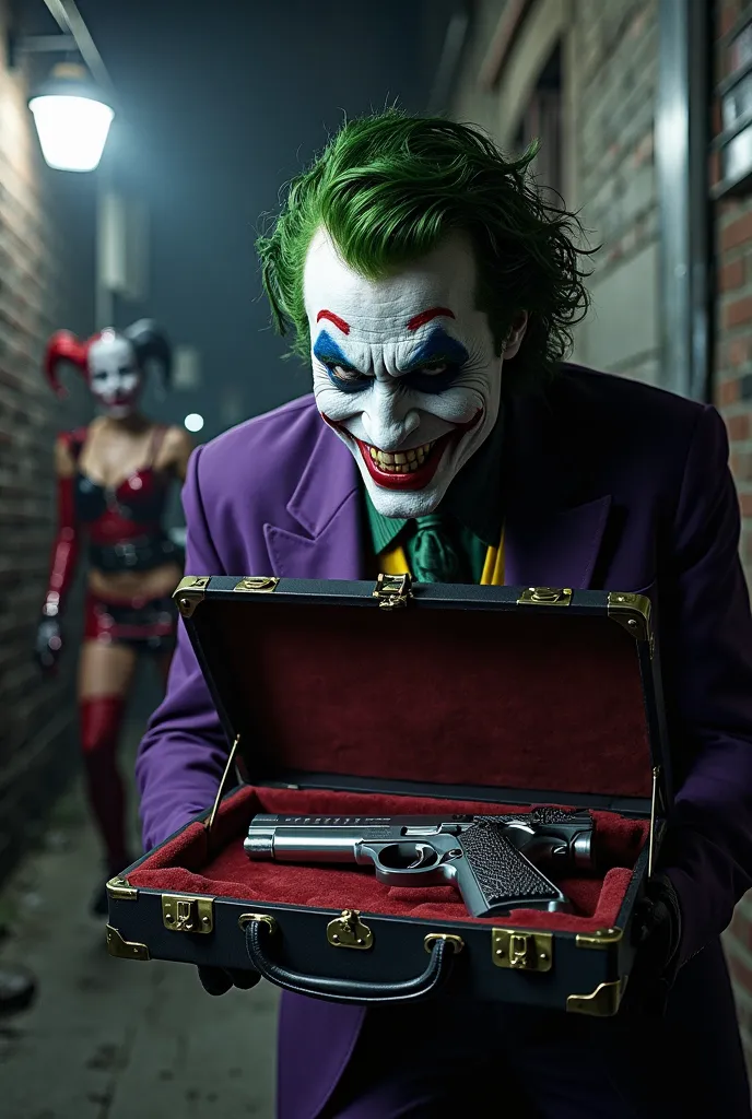 Joker is opening a sleek, black briefcase with an amused yet curious expression. As he lifts the lid, a customized gun rests inside on a velvet-lined interior. His green hair and iconic purple suit contrast with the dimly lit, gritty Gotham alley in the ba...