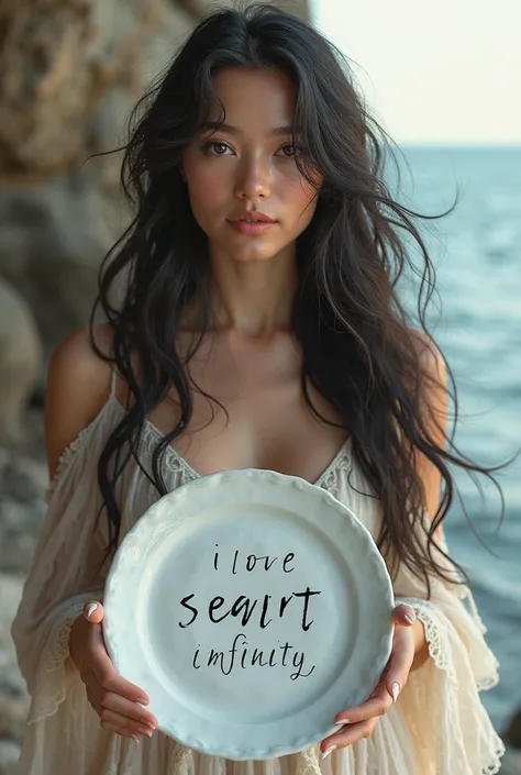 Beautiful girl with long wavy hair, bohemian dress, holding a white plate with text "I Love Seaart Infinity" and showing her to the spectator 