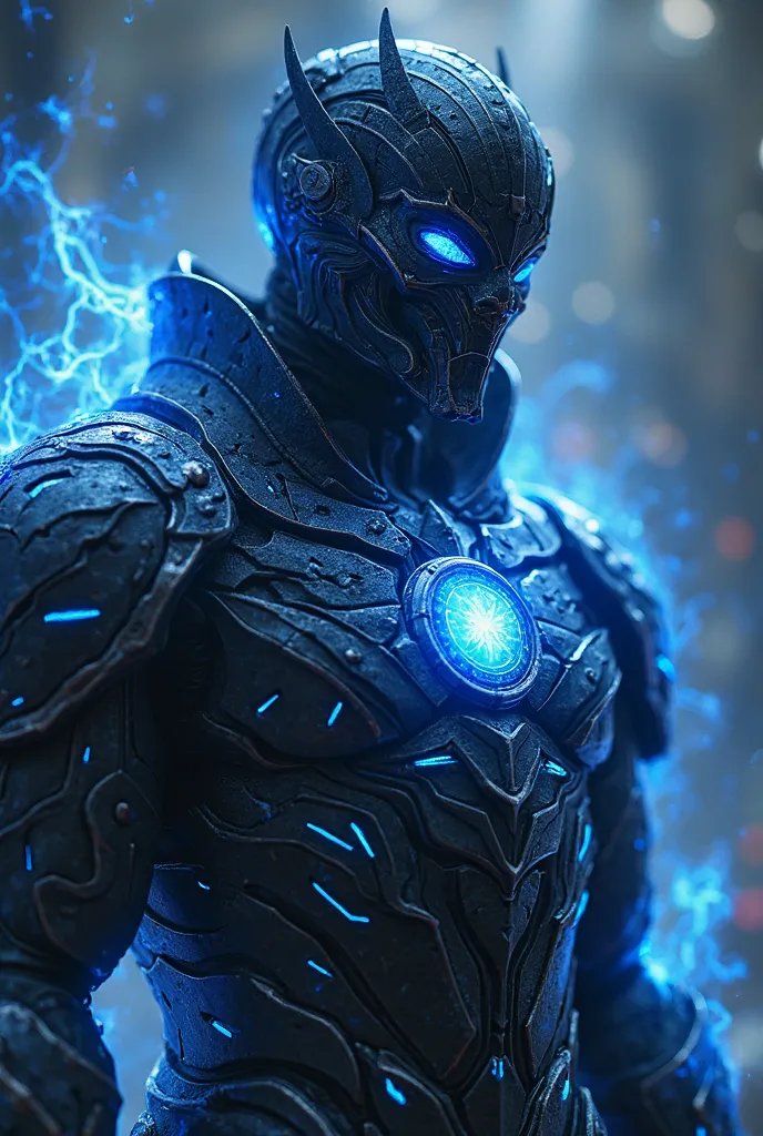 a close up of a person in a dark suit with rays, concept art by Izidor Kršnjavi, Winner of the Artstation Contest, fantastic art, blue armor, dark armor, wearing thunder armor,  dressed in an ethereal battle armor , fractal thunder dan mumford,  Complete p...