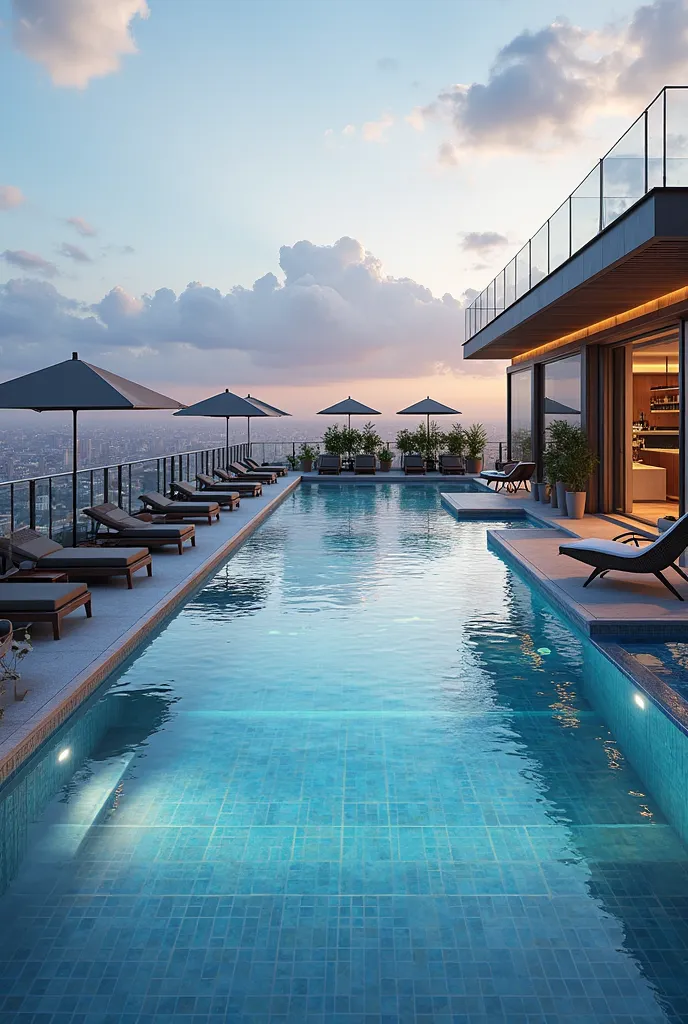 3D realistic Rooftop Swimming Pool & Lounge Area
Infinity-style swimming pool with crystal-clear water, reflecting the sky.
Luxury poolside lounge chairs, umbrellas, and modern cabanas.
Rooftop bar area with high-end seating and ambient lighting.
Subtle gl...