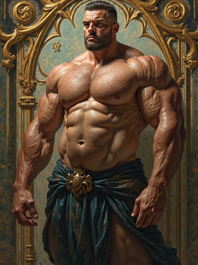 A massive, muscular man in a dramatic Baroque style, reminiscent of Rembrandt’s masterful use of chiaroscuro. His form is rendered with rich, deep shadows and striking highlights, emphasizing his powerful physique with lifelike textures and intricate detai...