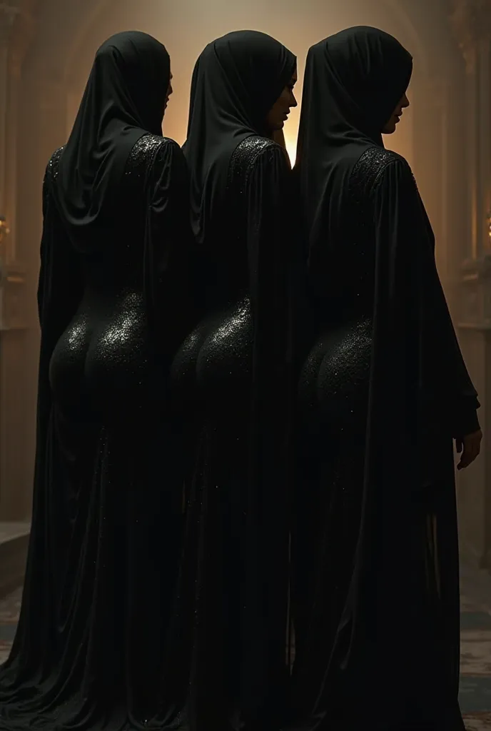 Girls in black shiny silk abaya big sexy ass back look