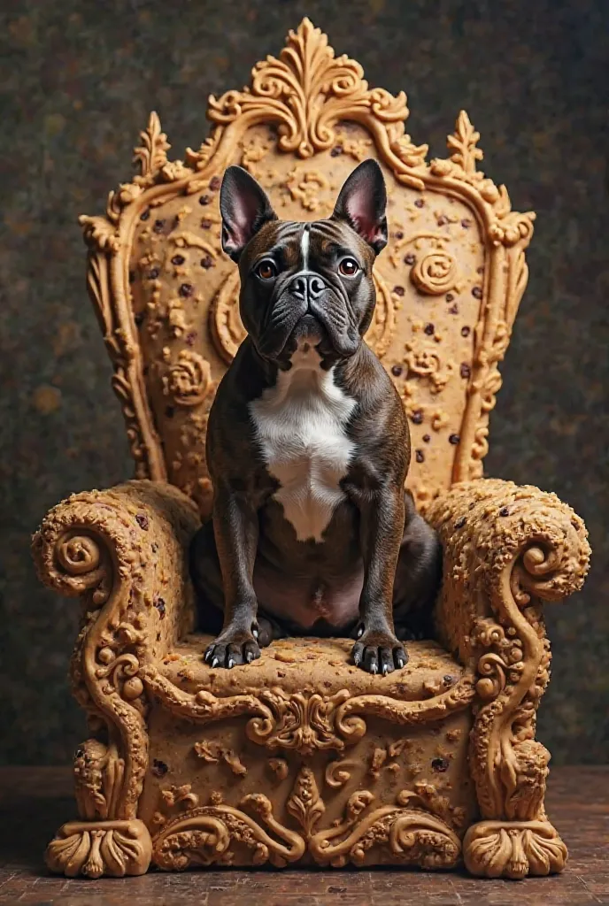 Staffy Brindle in cookie cake on a throne 