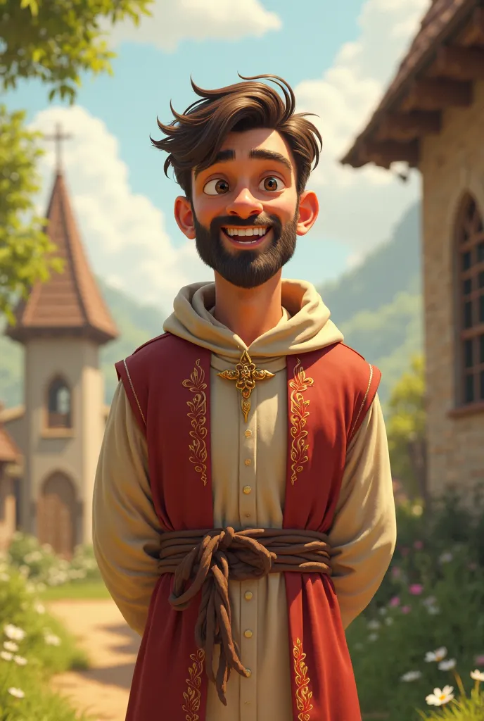 A young Christian priest with a comfortable appearance, Beard, with Pixar style.