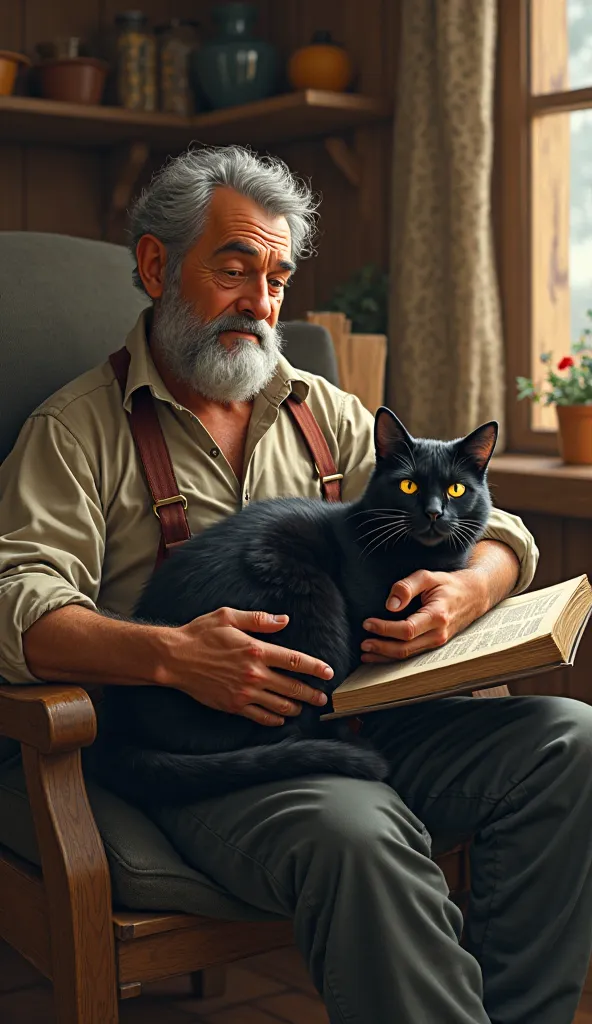 The black cat with yellow eyes curled up on the farmer's lap as he reads a book. The mood is peaceful and content. Style: realistic