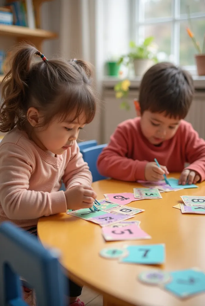 Make an image for me showing preschool ren with a range of 4 to s of age, doing an activity that consists of looking for cards that each contain a number from 1 to 10 and that will be hidden in the classroom and the ren must find them. 