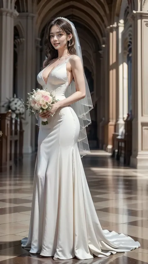 A beautiful young Japanese woman, 26 years old, with healthy thighs, beautiful legs, flawless skin, random hair color and style, large breasts, wearing a (wedding dress:1.3), (she is standing:1.2), full body shot, high heels, holding a bouquet in her hands...