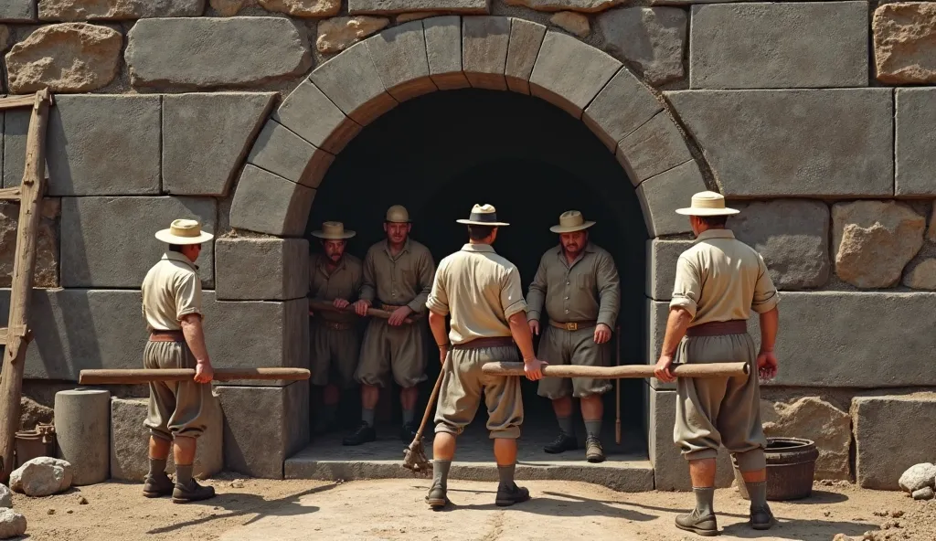 Group of labourers using wooden beams to move a heavy stone slab door to seal a vault entrance. Historical scene with the year 1808 period-accurate clothing and tools. The image should be hyper realistic and in 8k