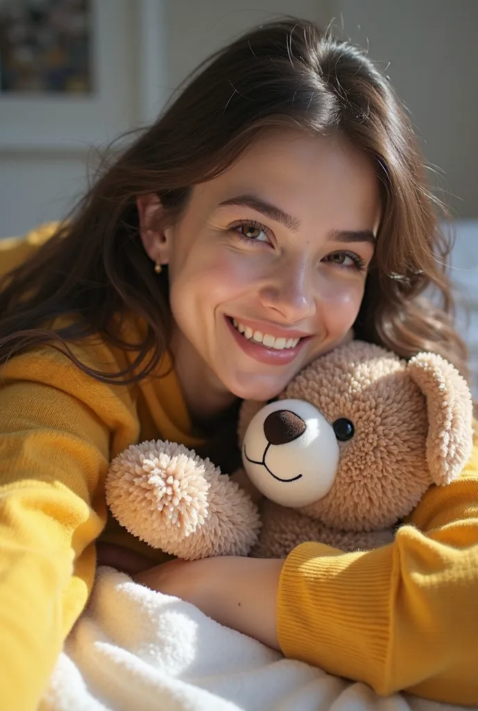 smiling woman laying on a bed with a stuffed animal, a picture inspired by Mym Tuma, tumblr, tachisme, with a beautifull smile, lovely smile, friedly smile, with a happy expression, she is smiling, selfie photo, slight cute smile, with yellow cloths, happi...