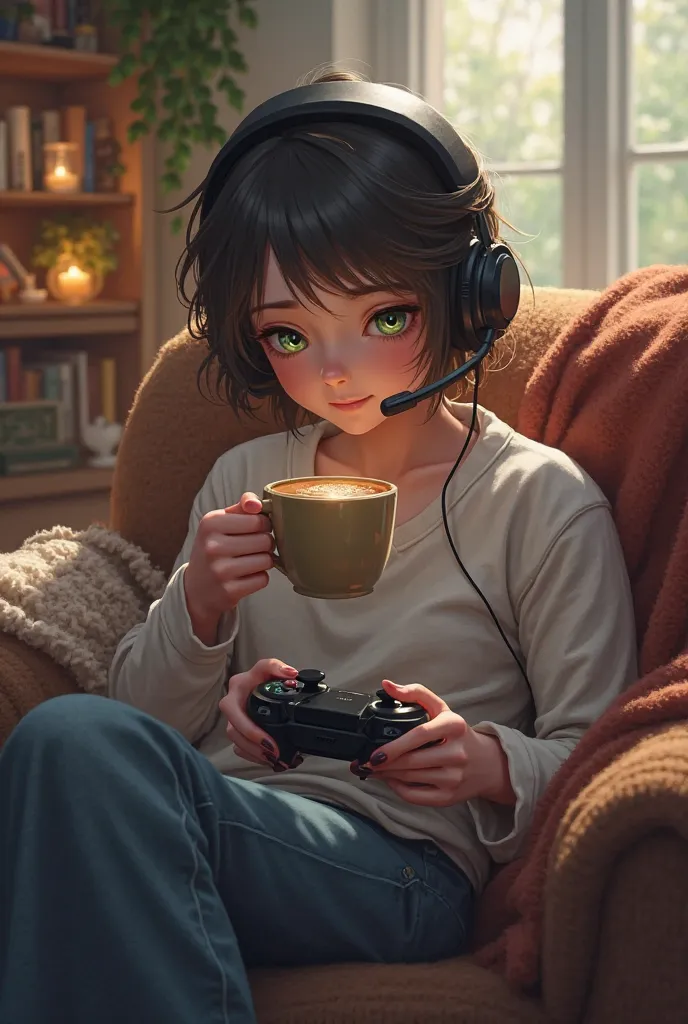 HE'S NOT A GAMER MAKE COCOA PLAYING WHILE HOLDING THE CONTROLLER AND HEDSEAT ON THE HEAD WITH GREEN EYES