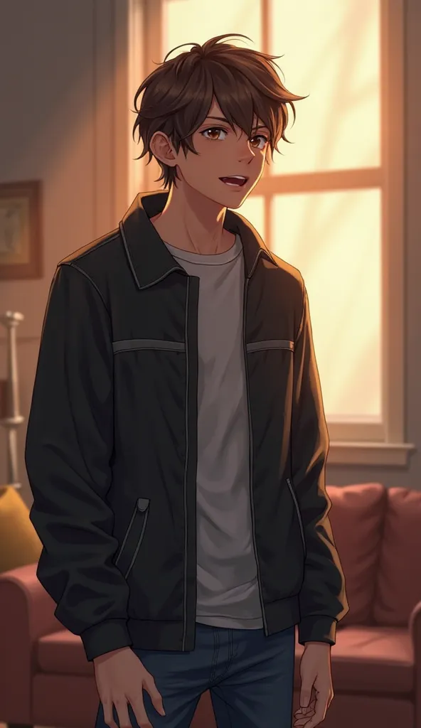 "The protagonist, a young man named [name], light skin, short messy brown hair, wears dark casual clothes (black jacket and jeans), holding a mobile phone while talking to someone. Surprised but hopeful expression. Background with a window illuminated by s...