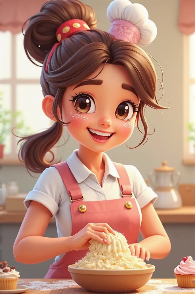 A female cartoon character for a confectionery company is a good one and I went to my mother smiling at the camera hitting cake dough on the bowl and with fue in my hand com oculos 