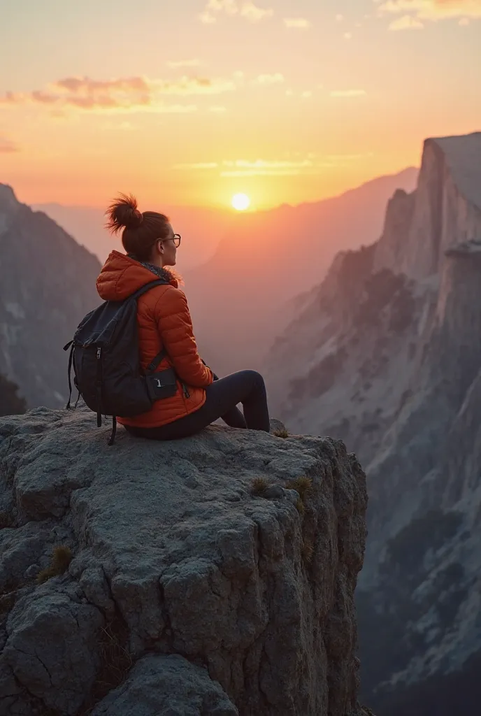 create bird eye view image of a young woman hiker sit on the big rock which is located on the cliff of the mountain. she was looking at the beautiful sunset. make the image in 8k resolution and super clean and realistic.
