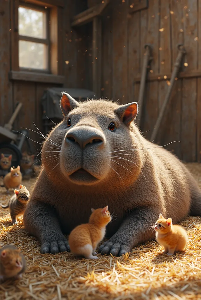 A giant capybara, with textured brownish-gray fur and hyper-realistic details, lies relaxed on the floor of a barn. Its sturdy body rests on a bed of fresh straw, and its legs are stretched out comfortably. Its wide snout and dark eyes convey an expression...