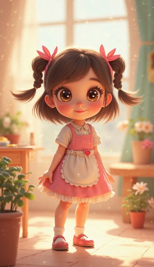 A cheerful  named Rita, around . She has big sparkling eyes, shoulder-length brown hair tied into two small pigtails with pink ribbons. She wears a cute pastel-colored dress with a small apron, white socks, and comfy shoes. Rita is expressive and full of c...