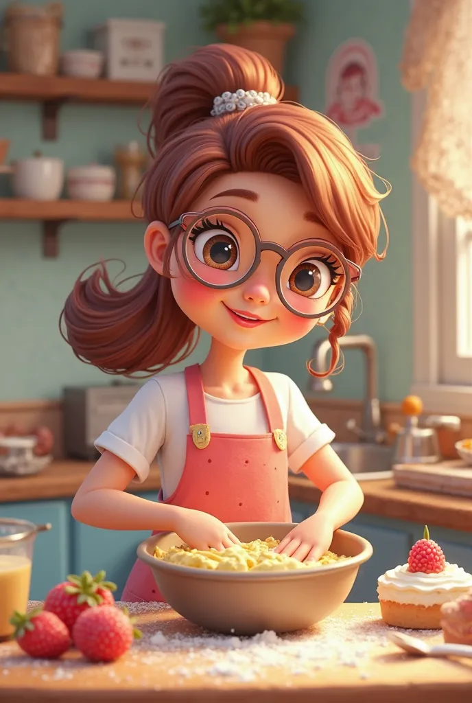 A female cartoon character for a confectionery company is a good one and I went to my mother smiling at the camera hitting cake dough on the bowl and with fue in my hand usando oculos 