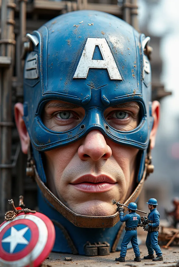 a detailed construction of Captain America's face, made by micro-men workers in a large blue and silver structure. Some workers paint the iconic 'A' on the helmet, while others adjust the expression lines and texture of the mask. There are cranes holding p...