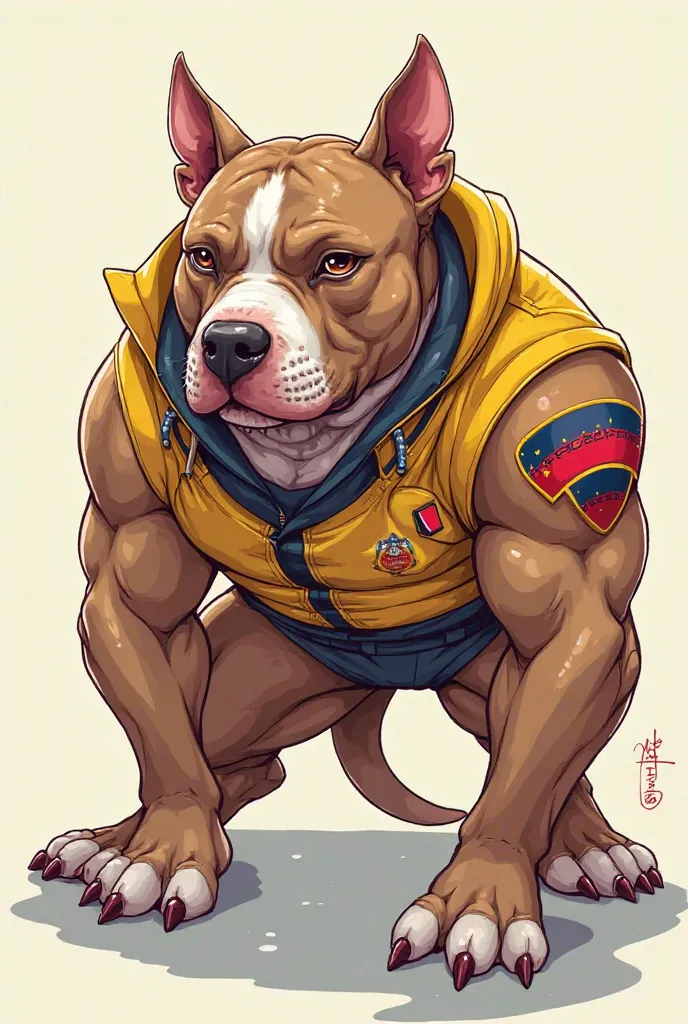 Pit bull dog with cropped ear: strong, muscular and fierce anime with a yellow uniform,  red and blue  