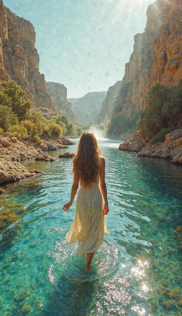 You are standing on the edge of a crystal clear river that flows from a majestic ancient temple, shining softly on the horizon. When taking the first step, feel the cold water envelop your ankles. As you walk, the current intensifies, reaching your knees a...