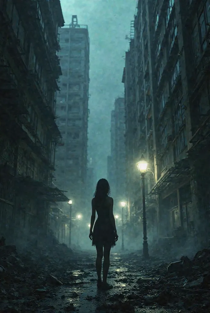 A woman in the middle of a dark and scary city, the night of abandoned buildings