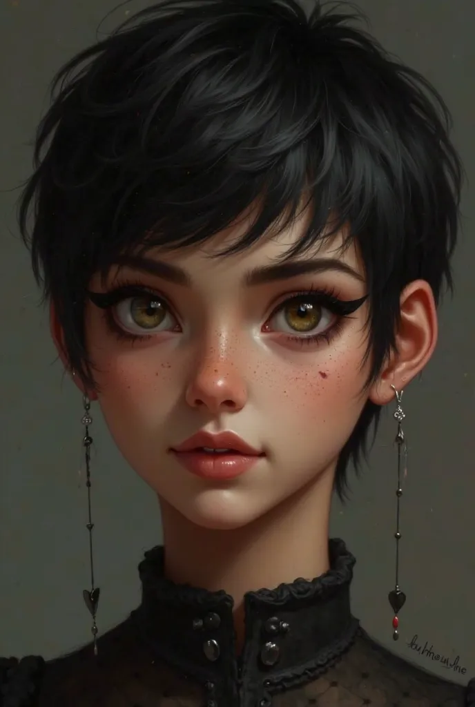 realistic image of a girl, , black hair, pixie cut, olive skin, black eyeliner, hazel eyes, Oman eyes, roman nose, plumpy face, goth, short hair,  brown skin, dark makeup, dark colored skin, cute smile